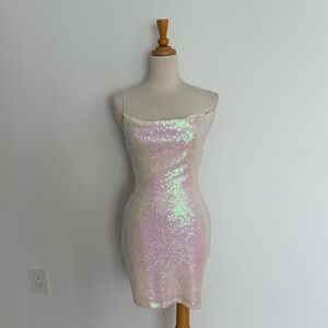 Womens Dress Small White Mini Bodycon Sequin  Bedazzled Sparkle Allover Fitted